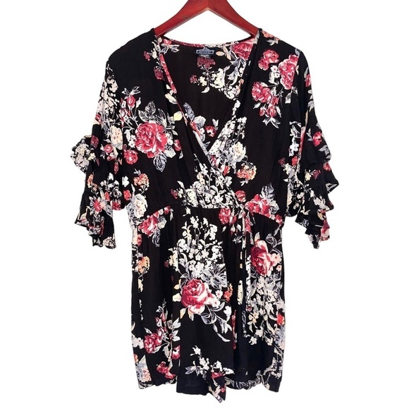 Angie floral faux wrap tunic top tie waist mini dress black red women’s large - Picture 1 of 9
